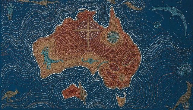 Colorful aboriginal dot art map of australia with symbols