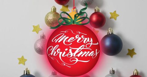 Festive Red Christmas Bauble with Holiday Decorations and Gold Stars