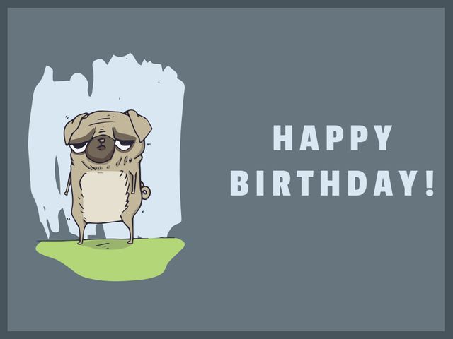 A colorful and whimsical greeting card features a cartoon pug conveying a festive and joyful birthday message. The fun animation and cheery text make it perfect for birthday celebrations. This greeting card can be used for sending birthday wishes to friends and family, adding a playful and humorous touch to birthdays.