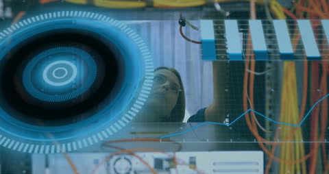 Futuristic Data Interface Overlay with Technician Working in Server Room