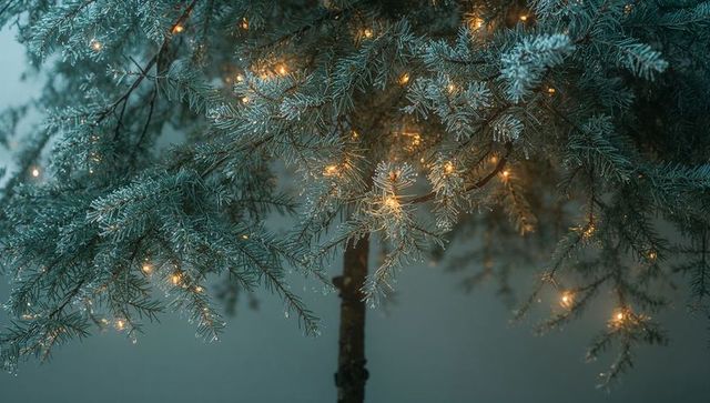 Glistening frosted evergreen branch glowing with warm fairy lights and icy droplets