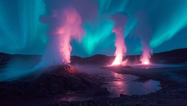 Three geothermal vents glowing pink under aurora borealis over reflective pools