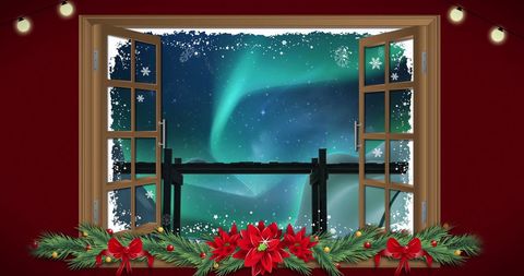 Christmas window display with stunning winter aurora borealis scenery