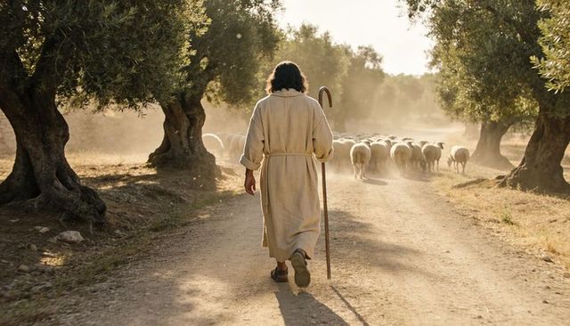 Shepherd walking through olive grove guiding flock along dusty sunlit country lane