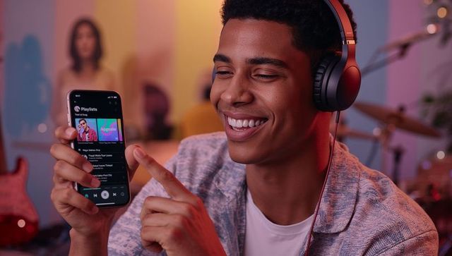 Smiling young man wearing headphones sharing playlist on smartphone in music studio