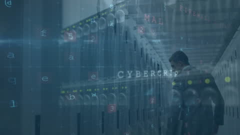 Digital Vault Security: Businessman Navigating High-Tech Server Room