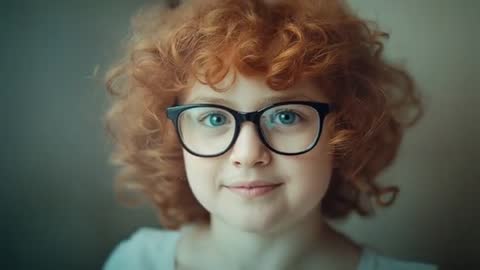 Charming Child with Red Curly Hair and Glasses Appears Relaxed and Content