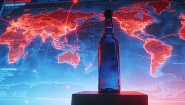 Glass bottle reflecting neon red and blue light against holographic world map display
