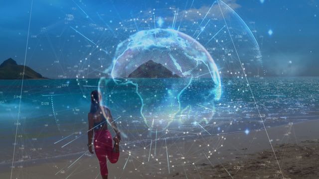 Woman running on beach with digital globe overlay representing global connections and network. Useful for concepts of outdoor exercise, health, technology integration, global connectivity, and innovation.