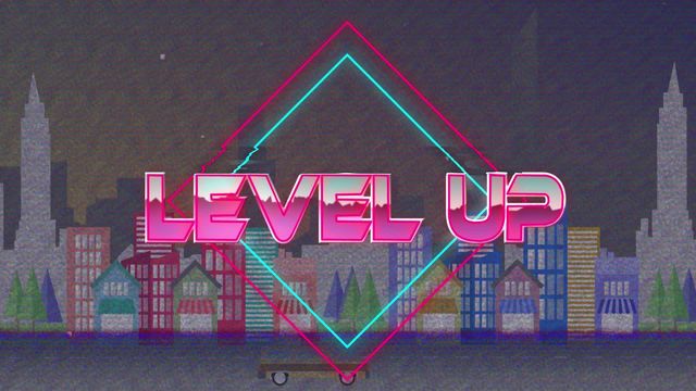 This digital artwork features a vintage gaming aesthetic with a neon 'Level Up' sign over a cityscape. Designed with vivid neon colors and geometric patterns, it evokes an 80s retro video game theme. Perfect for use in projects related to gaming, digital media promotions, and social media banners.