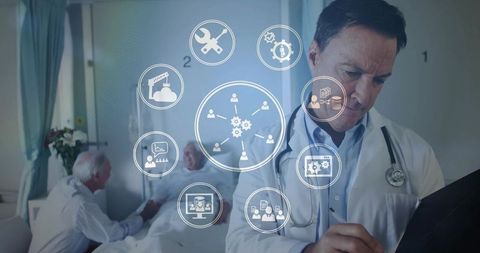 Doctor reviewing patient records on tablet with telemedicine and medtech icons overlay