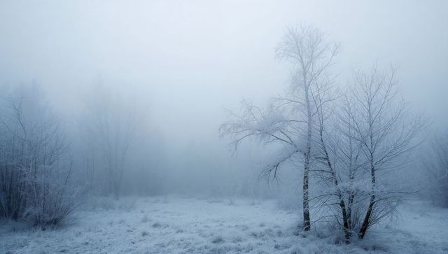 Frost-covered birch trees standing in misty winter meadow with hoarfrost and fog