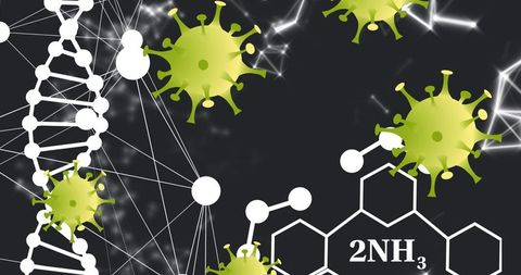 Virus cells with scientific dna molecule and chemical formula