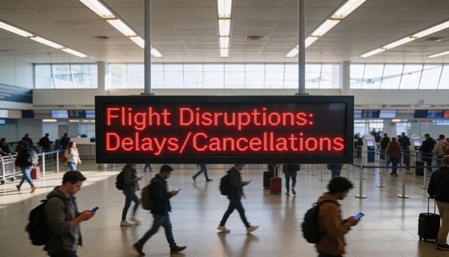 Led flight disruptions sign displaying delays cancellations in busy airport terminal
