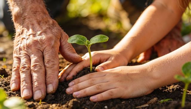 Elder and Child Hands Planting Seedling Together Nurturing Intergenerational Growth