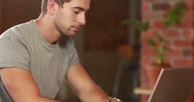 Young Man Working on Laptop in Casual Office Setting - Download Free Stock Images Pikwizard.com