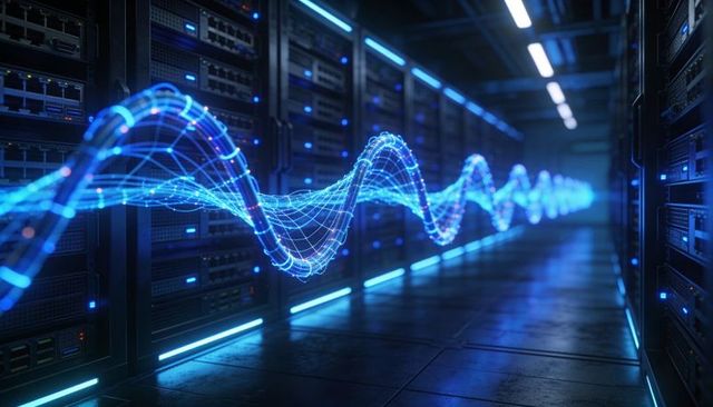 Blue data waveform flowing through high-tech server rack aisle, network visualization