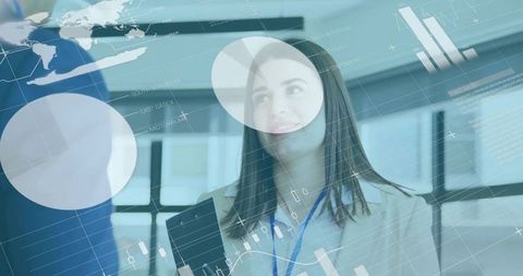 Businesswoman holding tablet presenting data analytics dashboard in modern office