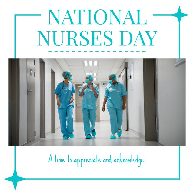 Diverse nurses walking in corridor and national nurses day, a time to appreciate and acknowledge. Composite, copy space, together, hospital, healthcare, awareness, honor and celebration concept.
