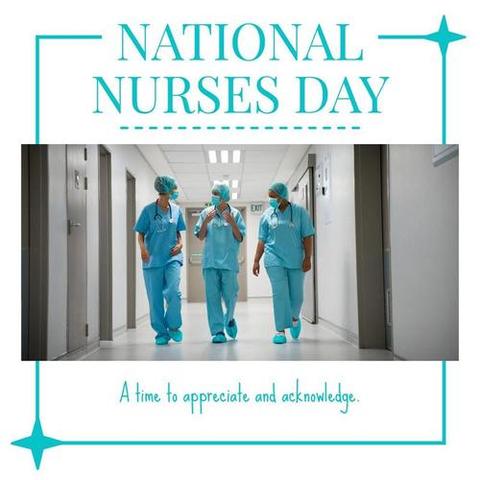 Diverse nurses walking in corridor and national nurses day, a time to appreciate and acknowledge. Composite, copy space, together, hospital, healthcare, awareness, honor and celebration concept.