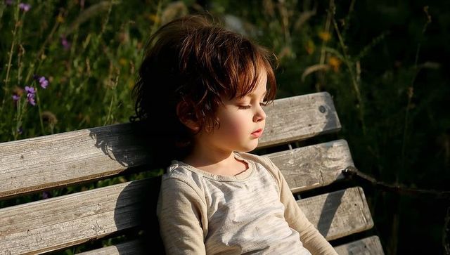 Sunlit Child Resting on Weathered Bench in Wildflower Meadow During Golden Hour