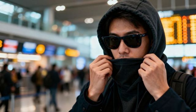 Asian man pulling hoodie over face in busy airport wearing sunglasses and backpack