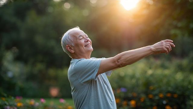 Senior asian man stretching arms and smiling in sunlit garden at golden hour