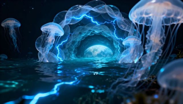 Bioluminescent Jellyfish Tunnel Over Neon Lagoon Revealing Electric-Blue Planet Beyond