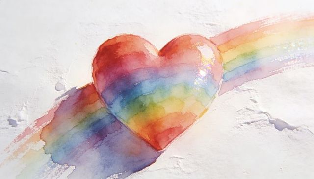 Rainbow watercolor heart on textured paper with painterly wash and glitter highlights