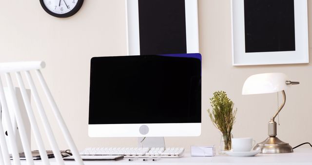 Modern Minimalist Workspace with Desktop Computer and Lamp - Download Free Stock Images Pikwizard.com