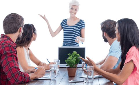Transparent office meeting businesswoman presenting interactive discussion