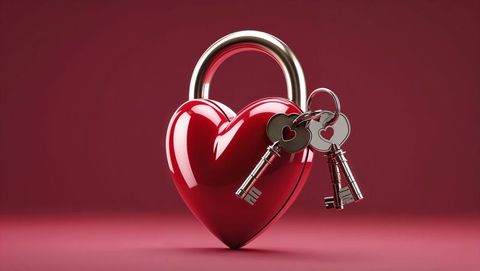 Glossy heart shaped padlock holding silver keys for lovers on red background
