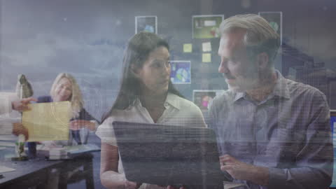 Business Team Brainstorming with Cityscape Overlay