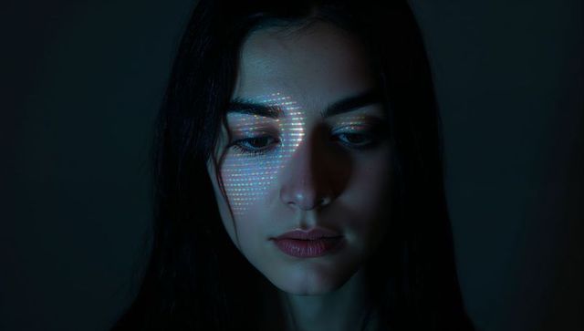 Young woman gazing down with colorful dot projection across face, moody lowkey closeup