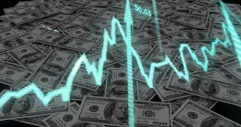 Financial Growth Graph Overlay on Pile of American Dollars