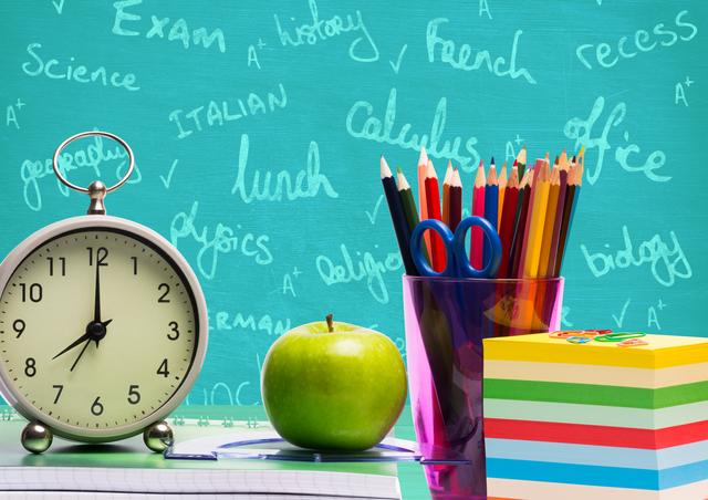 School Supplies on Desk with Chalkboard Background - Download Free Stock Photos Pikwizard.com