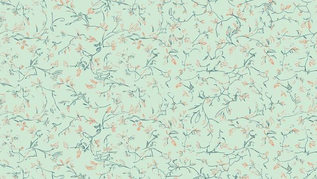 Seamless mint botanical pattern featuring teal branches and peach blossom sketches