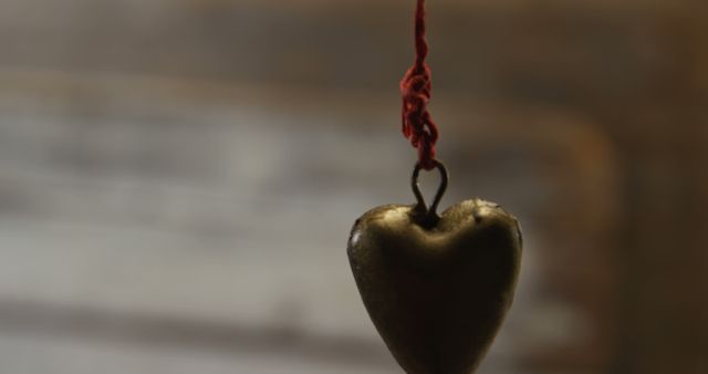 Close-up of a rustic metal heart pendant hanging from a red string. Perfect for themes related to love, romance, rustic decor, and handmade crafts. Ideal for use in Valentine's Day projects, romantic invitations, handmade jewelry advertisements, and rustic home decor promotions.