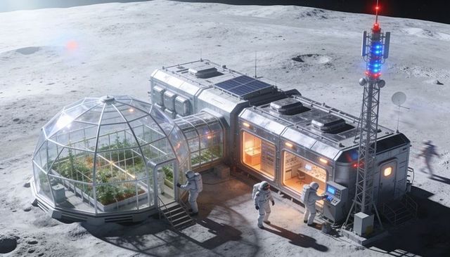 Operating lunar habitat with geodesic greenhouse dome, astronauts tending hydroponic garden