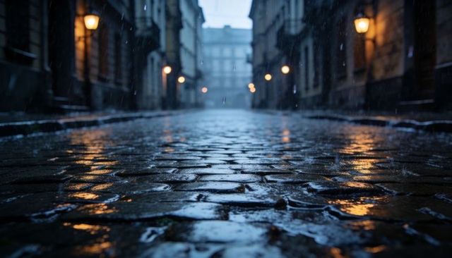 Glowing rain-soaked cobblestone alley reflecting warm street lamps at dusk