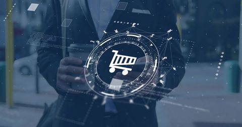 Executive using smartphone for ar ecommerce shopping cart overlay in urban environment