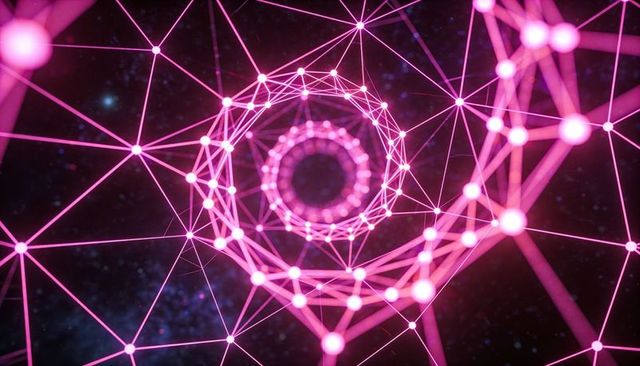 Magenta helix network tunnel with glowing nodes and neon wireframe geometry