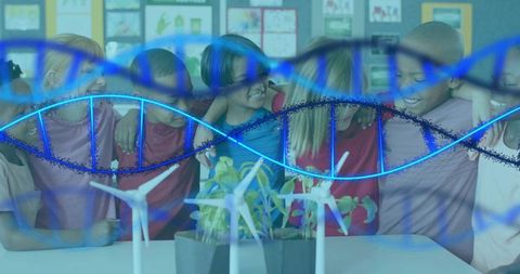 Elementary students linking arms around STEM wind turbines with DNA helix overlay