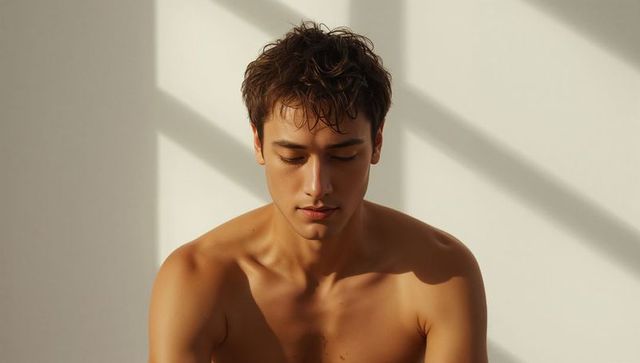 Male model sitting shirtless with eyes closed sunlit torso casting window shadows