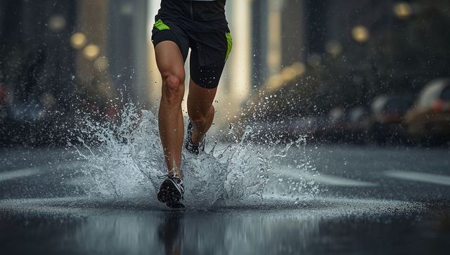 Runner splashing through puddle on wet city street, rainy urban motion close-up