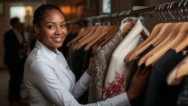 Smiling retail assistant checking embroidered coat with floral detail on boutique rail