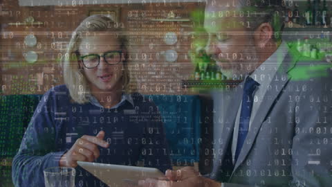 Business Team Analyzing Digital Interface with Data Overlay