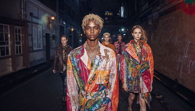 Nocturnal urban runway walk featuring vibrant printed coats and layered necklaces