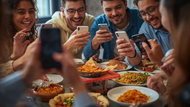 Friends capturing food with smartphones at sunlit casual restaurant table
