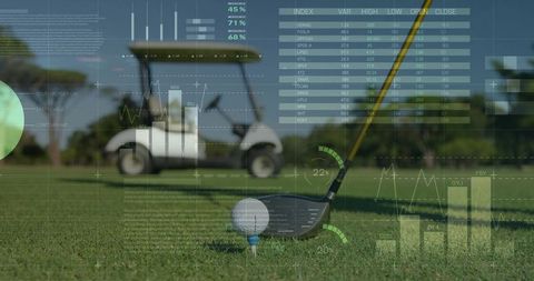 Golf Ball on Tee and Driver with Analytics Interface